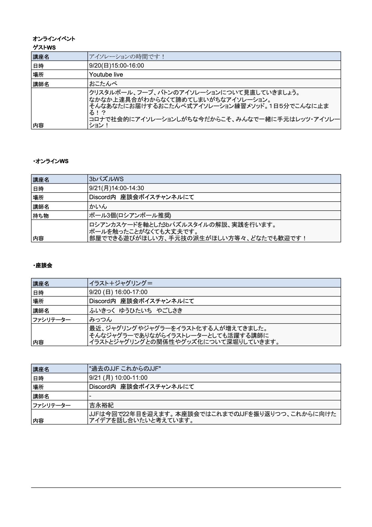 JJF2020 ワークショップ・座談会一覧 (9/18時点)