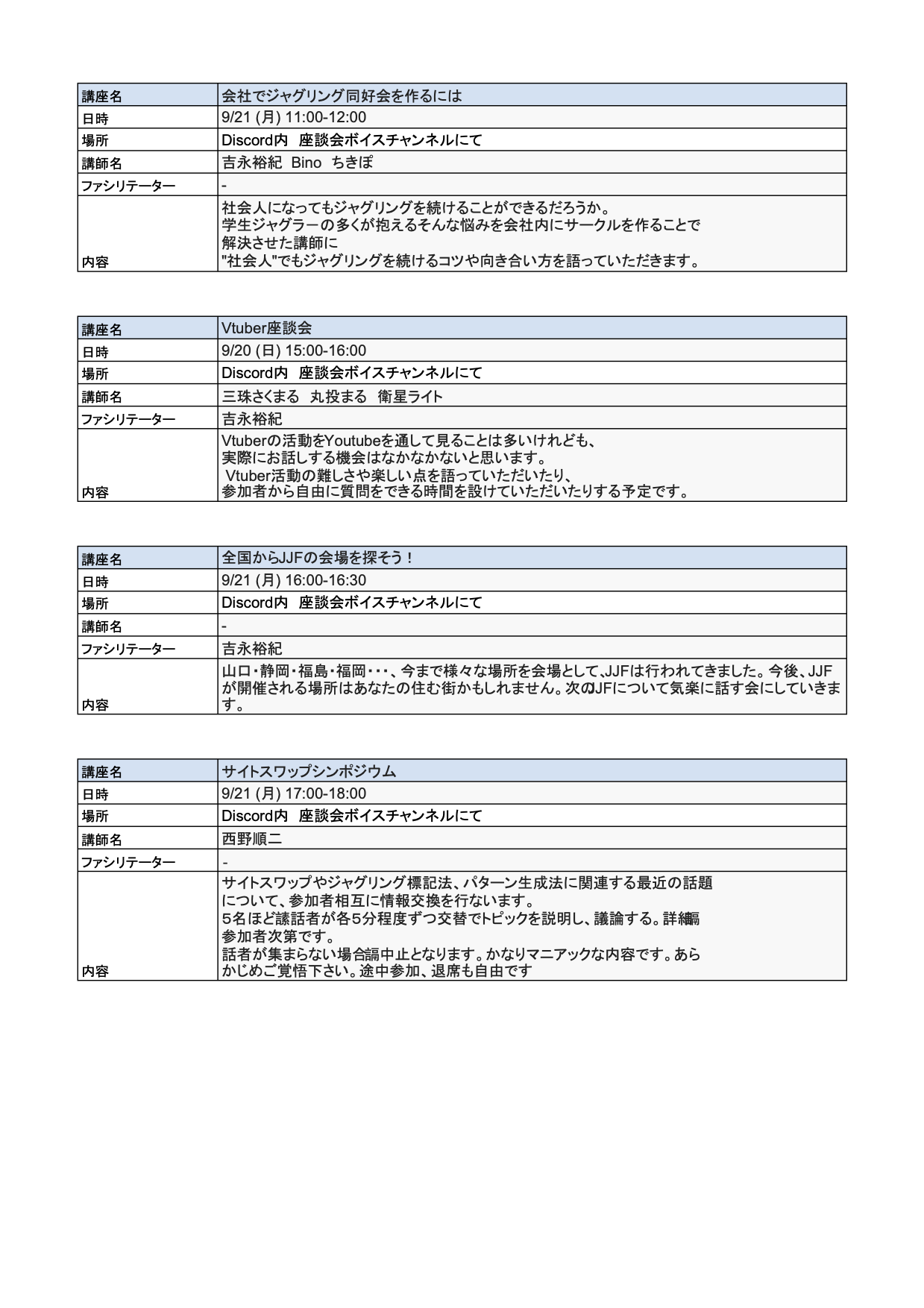 JJF2020 ワークショップ・座談会一覧 (9/18時点)